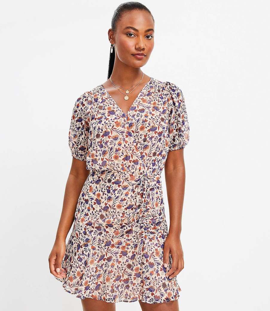 Clothing Loft | Floral Side Ruched Flare Dress Sunkissed Peach