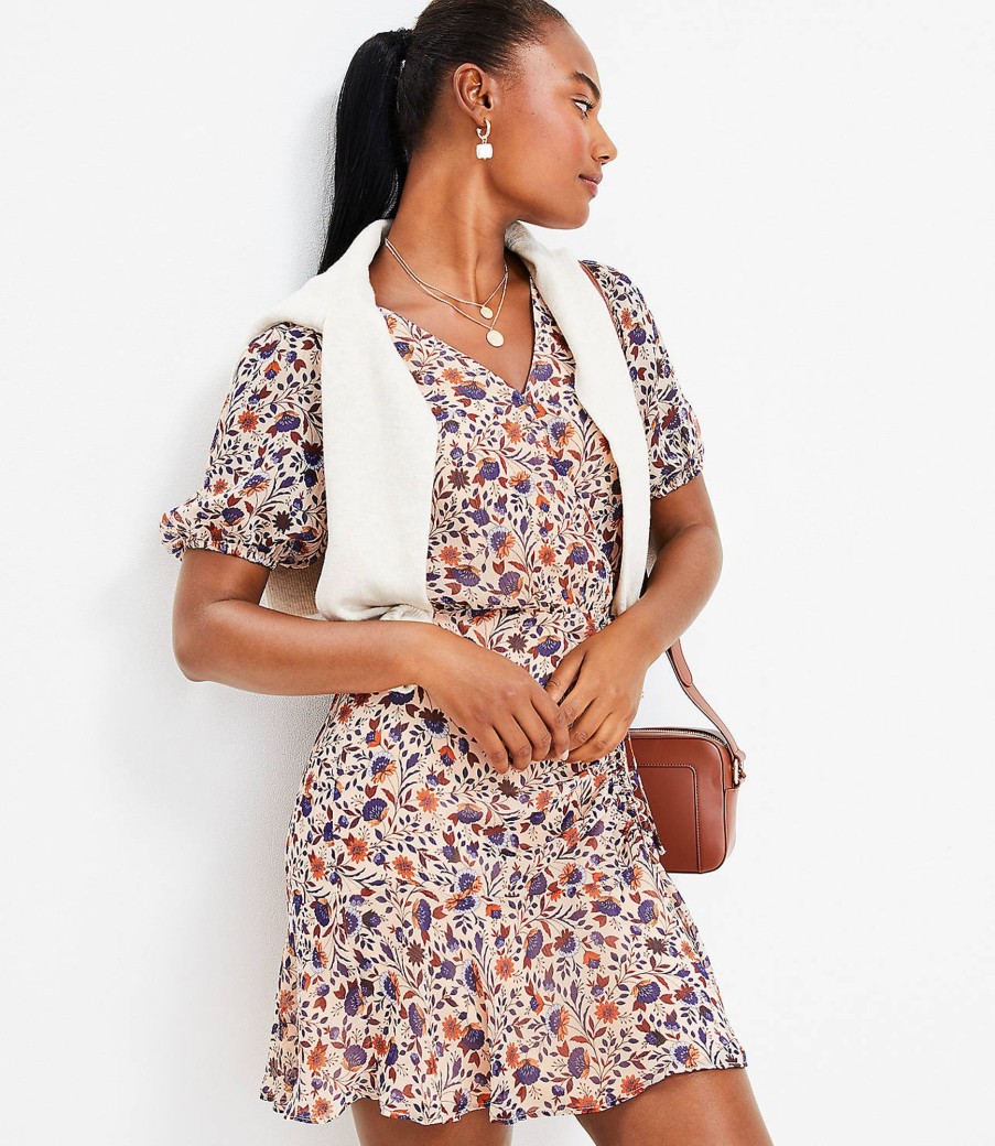 Clothing Loft | Floral Side Ruched Flare Dress Sunkissed Peach