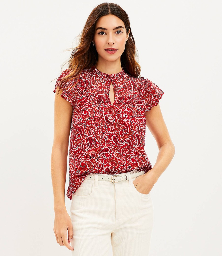 Clothing Loft | Paisley Ruffle Flutter Sleeve Top Tango Red