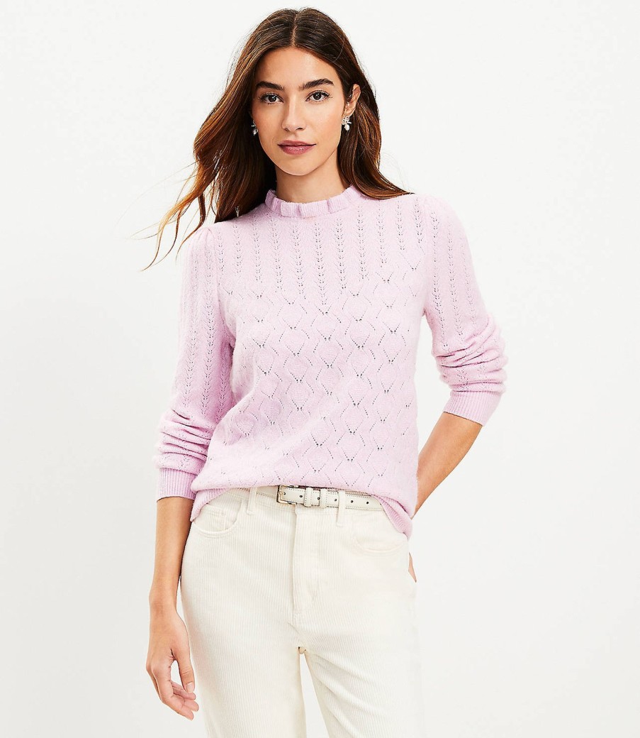 Clothing Loft | Pointelle Ruffle Neck Sweater Orchid Pink