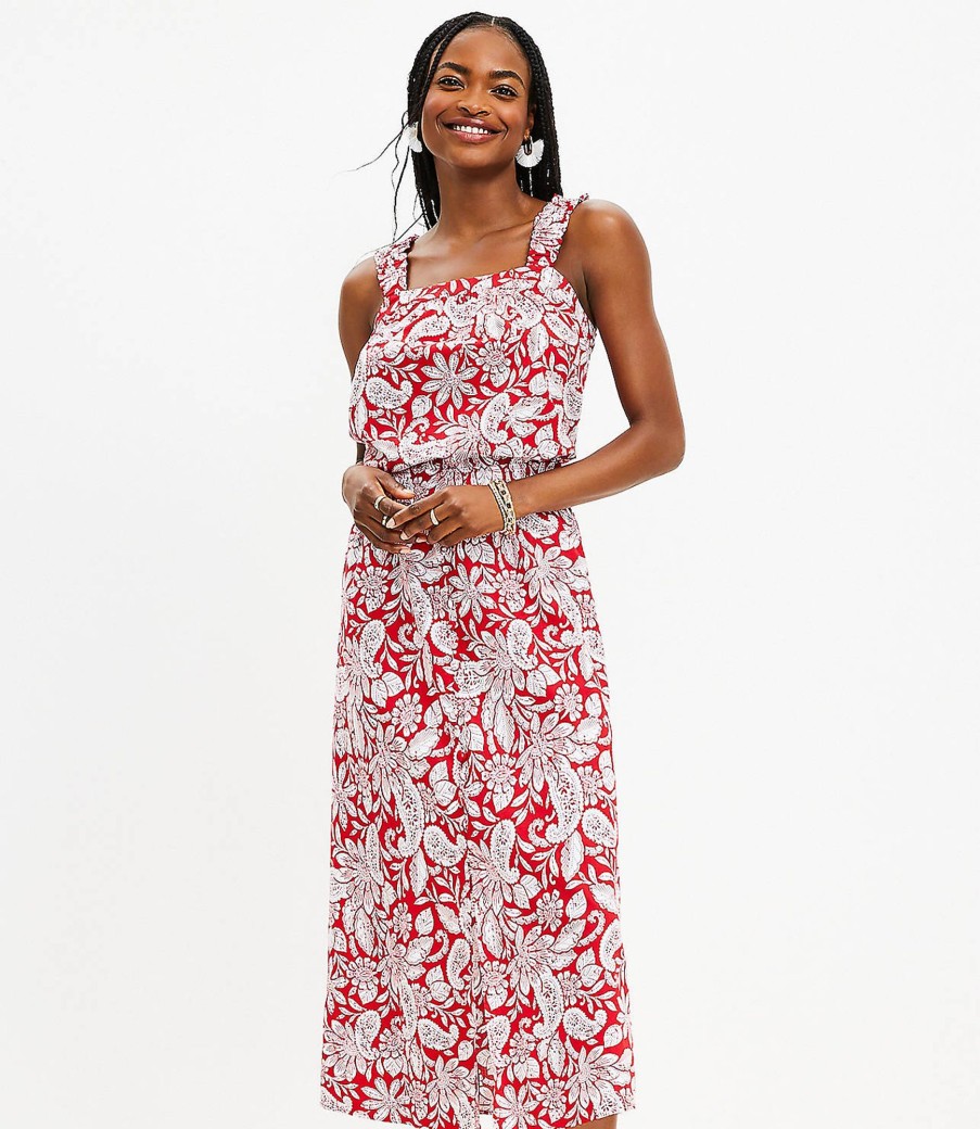 Clothing Loft | Paisley Button Pull On Midi Skirt Tango Red