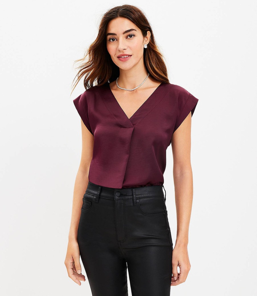 Clothing Loft | Satin Cap Sleeve V-Neck Top Rich Malbec