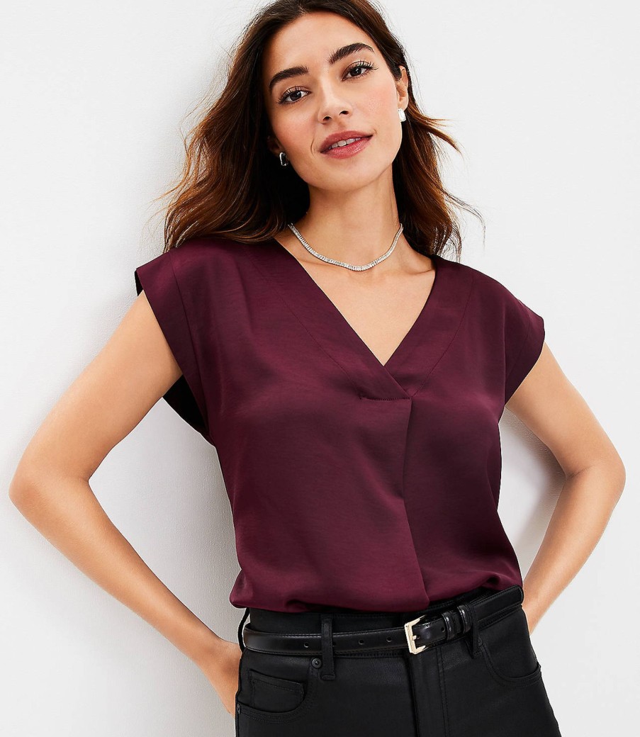 Clothing Loft | Satin Cap Sleeve V-Neck Top Rich Malbec