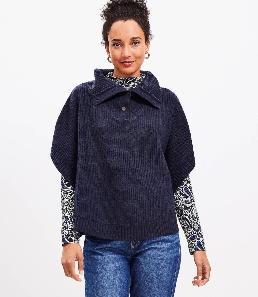 Accessories & Shoes Loft | Button Turtleneck Poncho Deep Space Blue