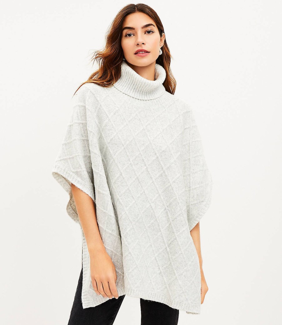 Accessories & Shoes Loft | Lattice Cable Turtleneck Poncho Light Heather Grey