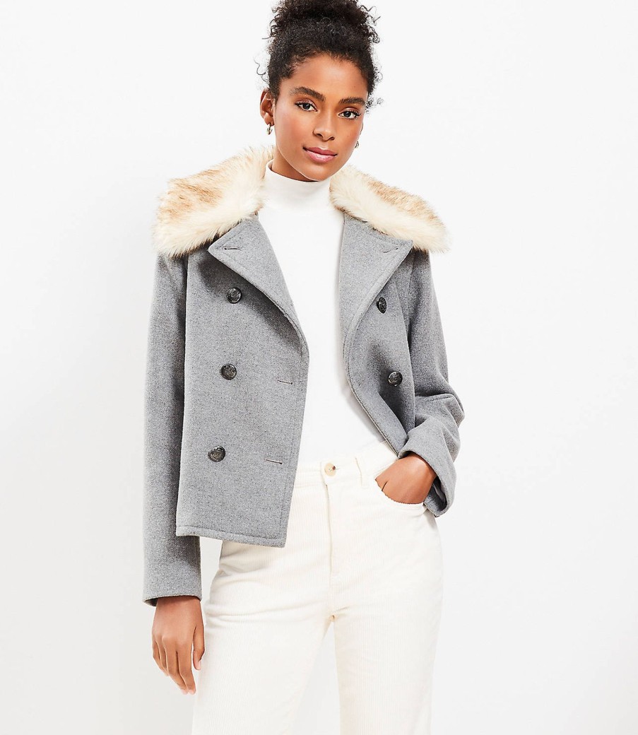 Clothing Loft | Melange Faux Fur Collar Doublecloth Jacket Grey Multi