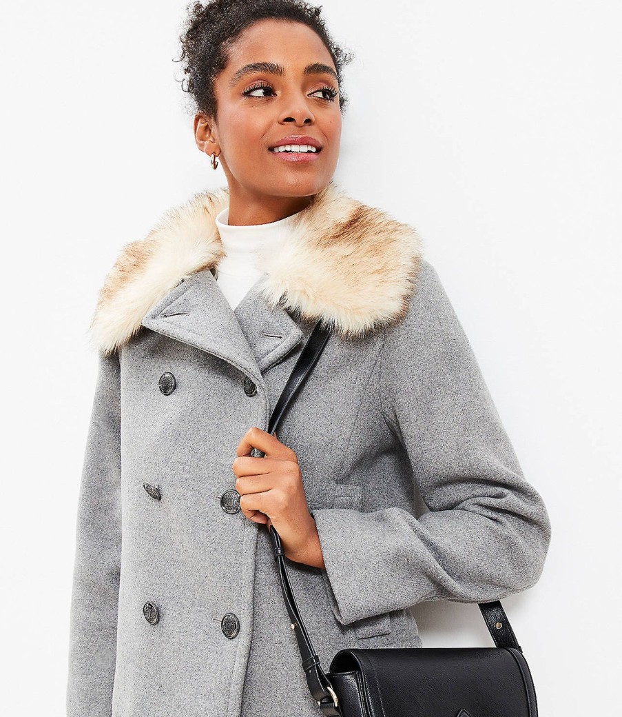 Clothing Loft | Melange Faux Fur Collar Doublecloth Jacket Grey Multi