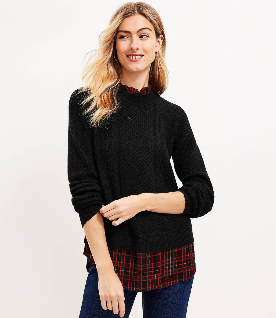 Clothing Loft | Plaid Layered Mixed Media Cable Sweater Black