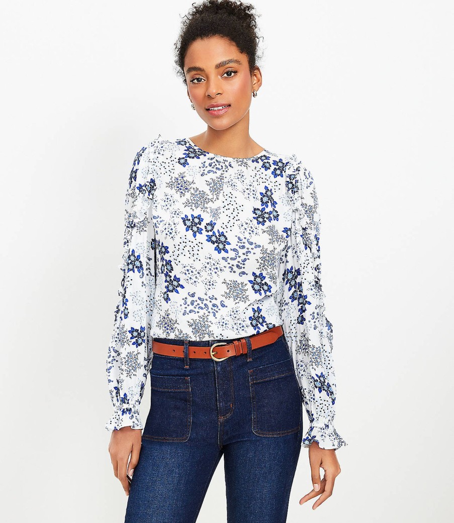 Clothing Loft | Floral Mixed Media Ruffle Sleeve Top Whisper White