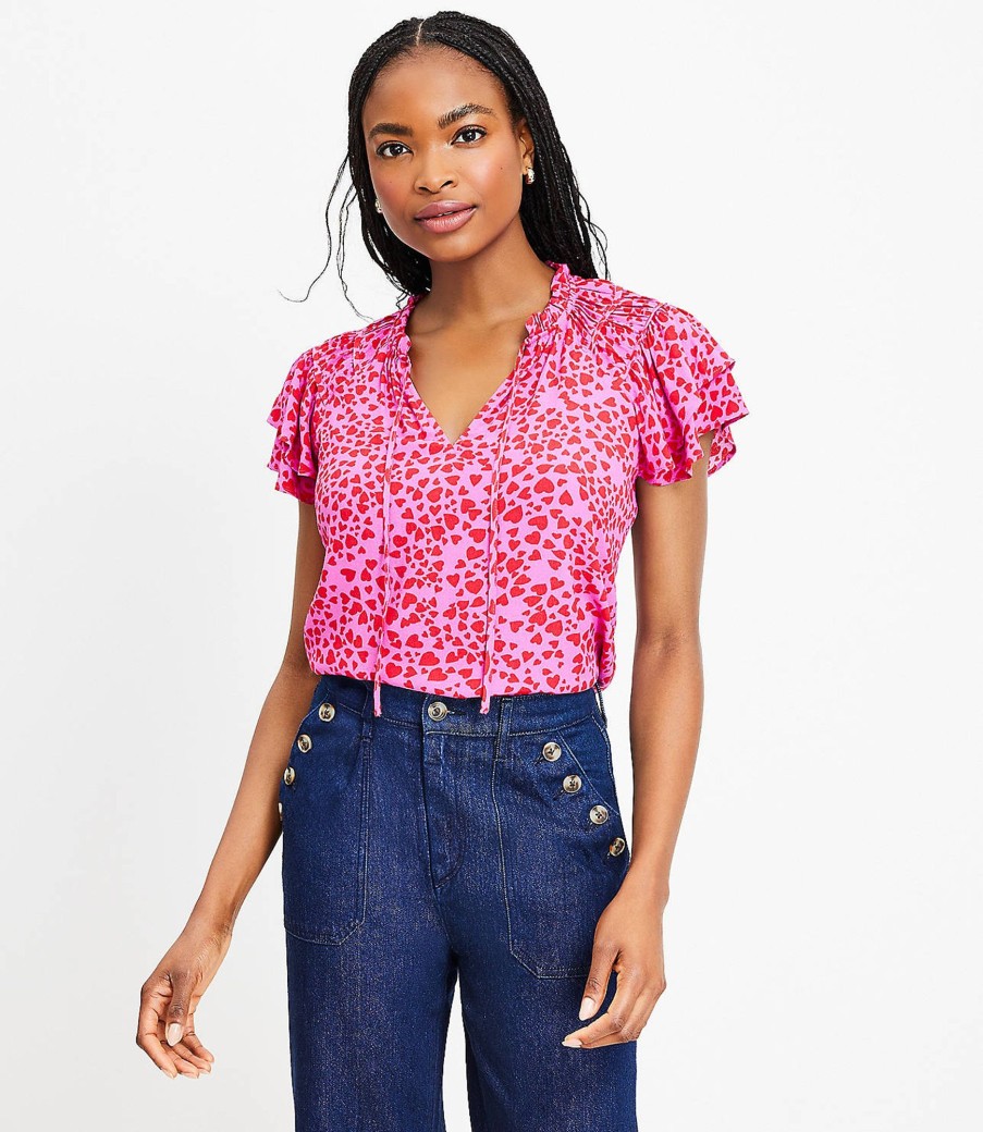 Clothing Loft | Heart Ruffle Tie Neck Top Rose Magenta