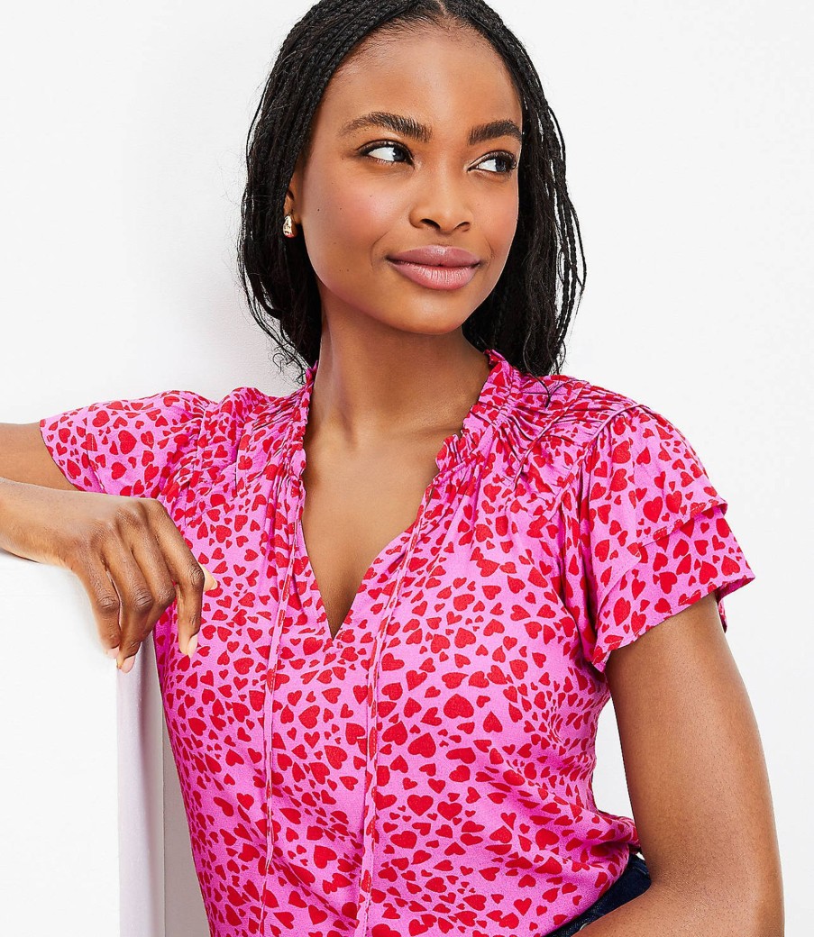 Clothing Loft | Heart Ruffle Tie Neck Top Rose Magenta