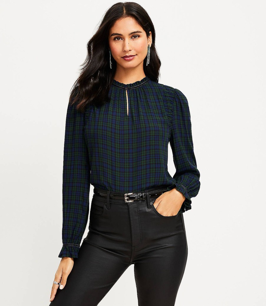 Clothing Loft | Plaid Ruched Ruffle Neck Blouse Sailor Navy