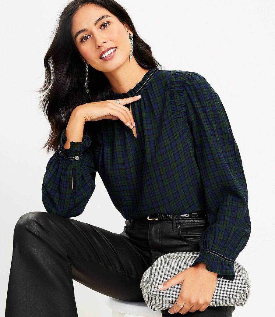 Clothing Loft | Plaid Ruched Ruffle Neck Blouse Sailor Navy