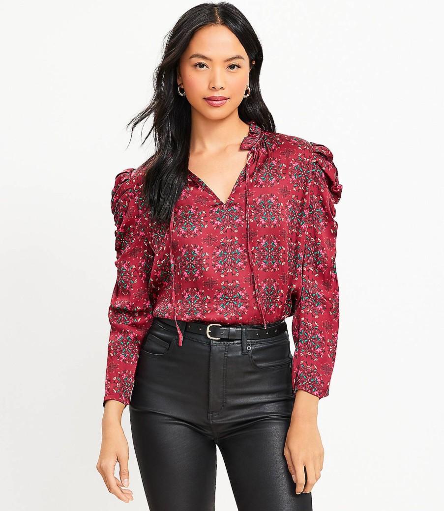 Clothing Loft | Floral Cinched Sleeve Ruffle Tie Neck Mixed Media Top Classic Rouge