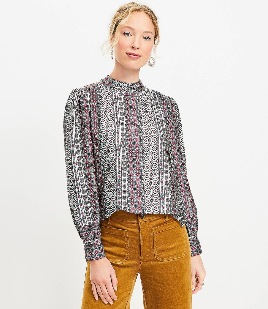 Clothing Loft | Tiled Tie Back Mock Neck Blouse Pure Pearl