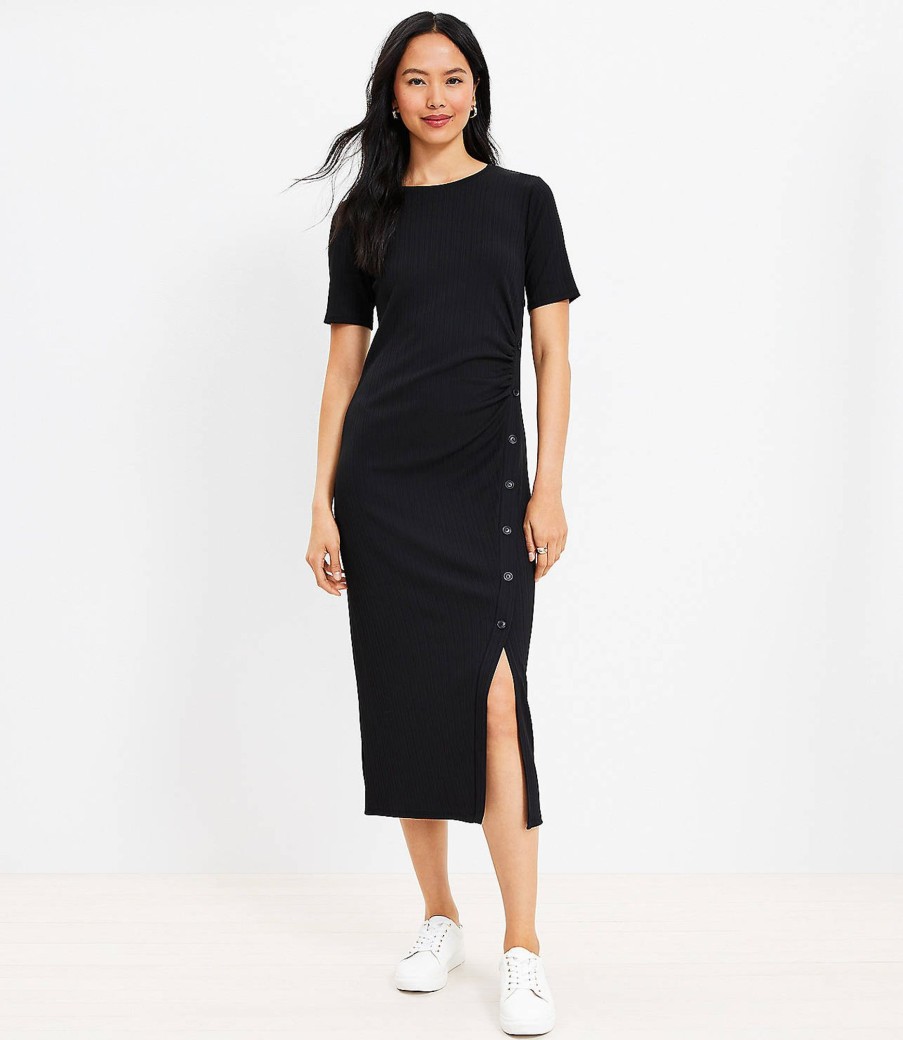 Clothing Loft | Ribbed Button Trim Midi Dress Black