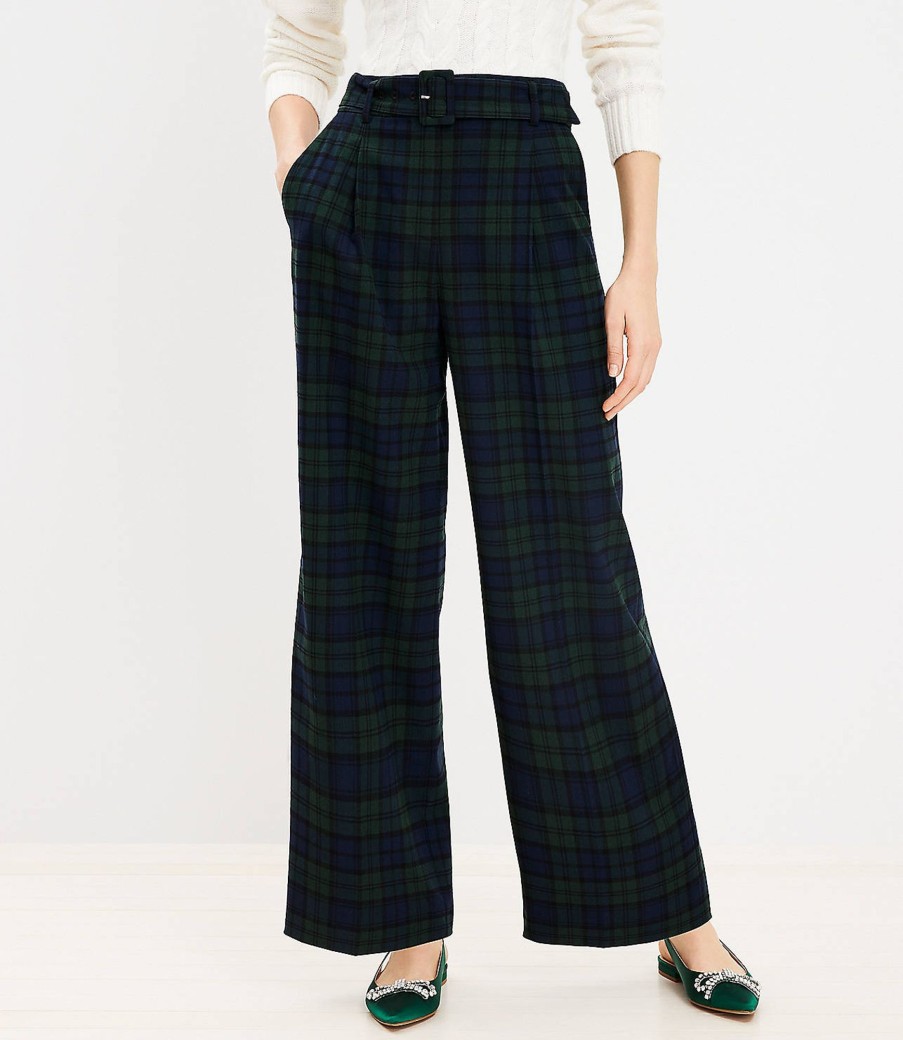 Clothing Loft | Belted Wide Leg Pants In Plaid Brushed Flannel Sailor Navy