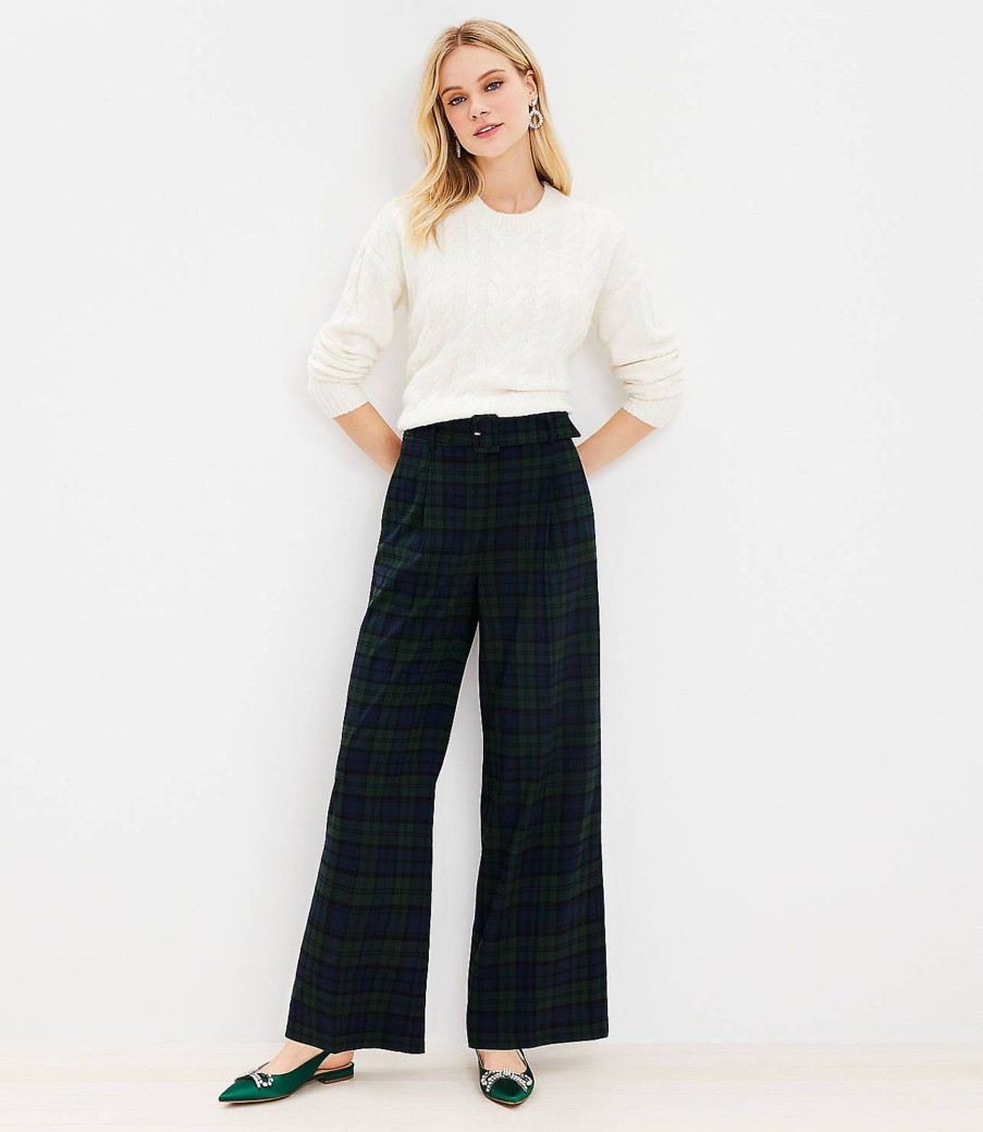 Clothing Loft | Belted Wide Leg Pants In Plaid Brushed Flannel Sailor Navy