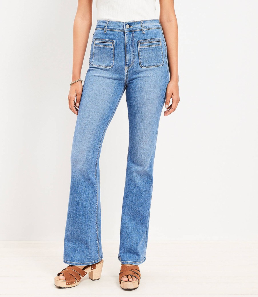 Clothing Loft | Welt Patch Pocket High Rise Slim Flare Jeans In Luxe Medium Wash