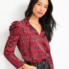 Clothing Loft | Floral Cinched Sleeve Ruffle Tie Neck Mixed Media Top Classic Rouge