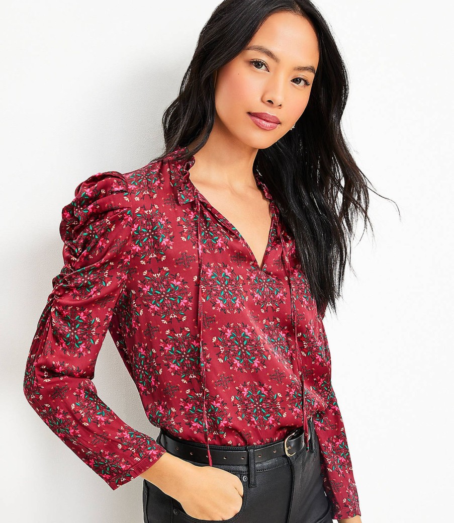 Clothing Loft | Floral Cinched Sleeve Ruffle Tie Neck Mixed Media Top Classic Rouge