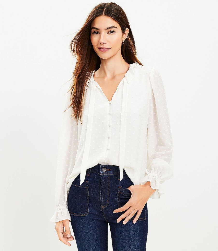 Clothing Loft | Clip Ruffle Tie Neck Blouse Whisper White