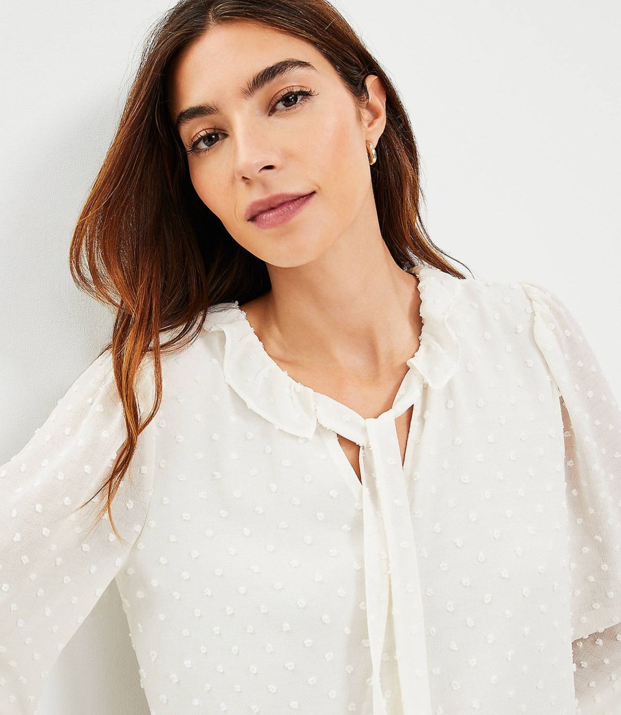 Clothing Loft | Clip Ruffle Tie Neck Blouse Whisper White