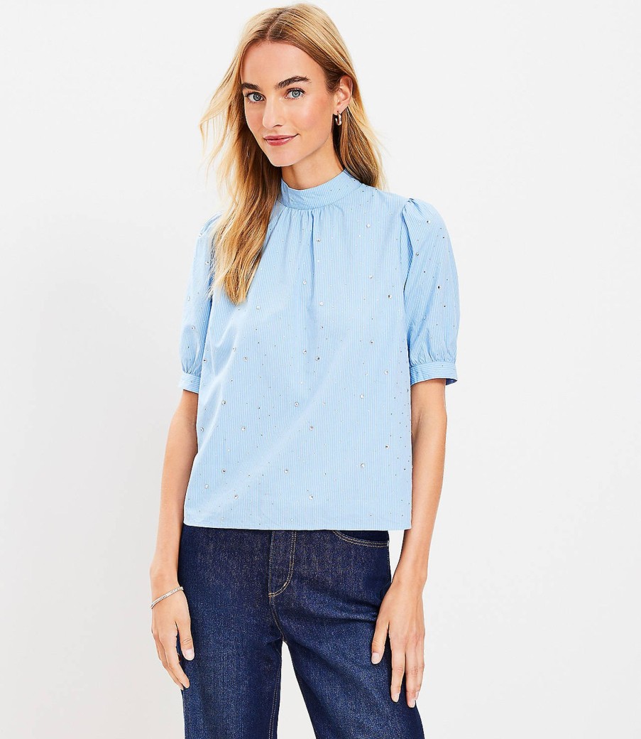 Clothing Loft | Crystal Stripe Mock Neck Top Rhine Blue