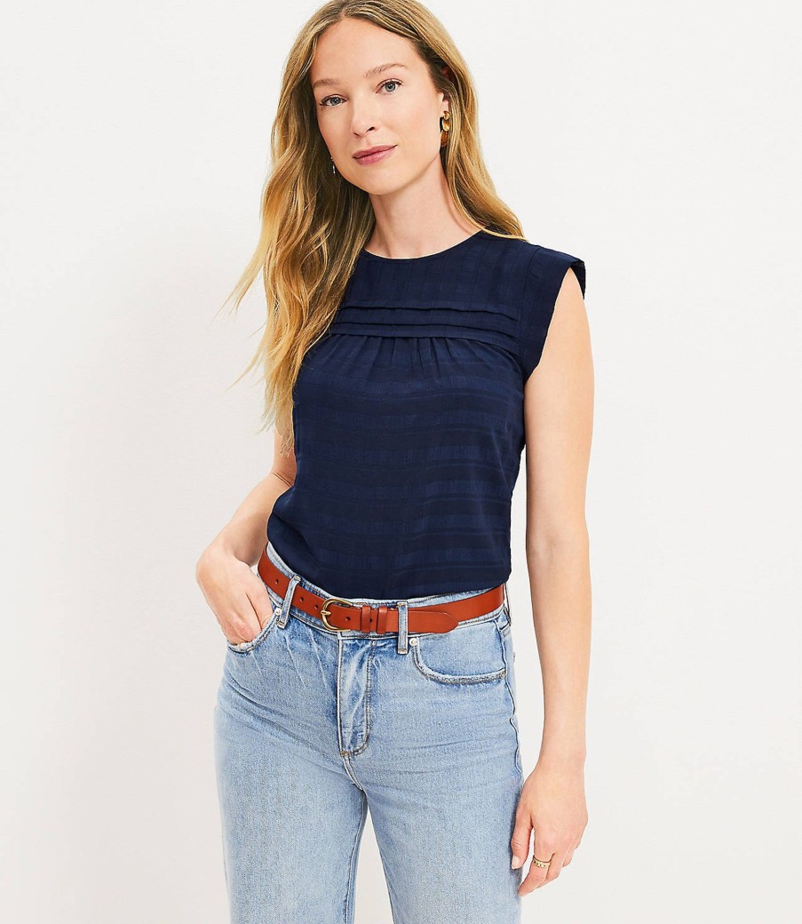 Clothing Loft | Plaid Texture Pleated Yoke Shell Deep Space Blue