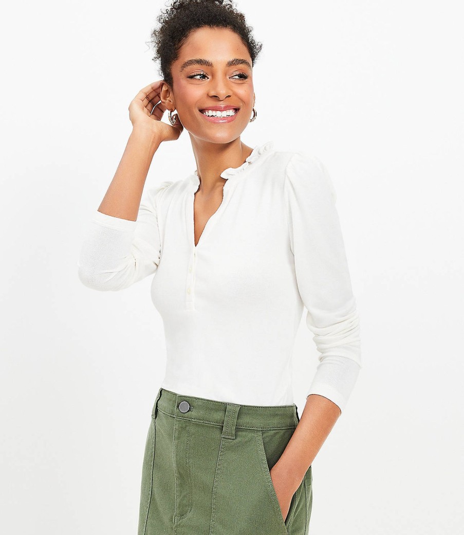 Clothing Loft | Ruffle Collar Henley Top Whisper White