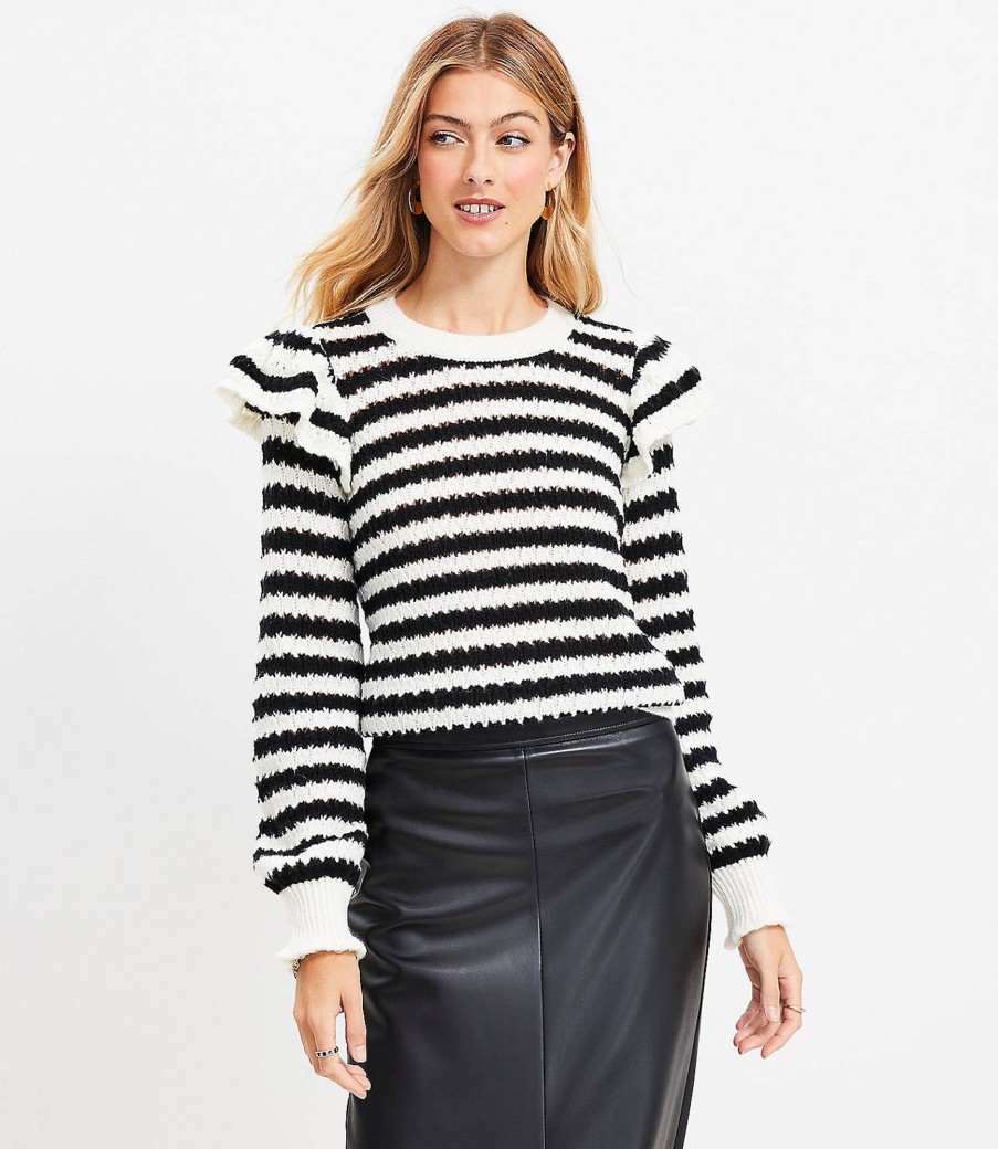 Clothing Loft | Striped Shoulder Ruffle Sweater Black