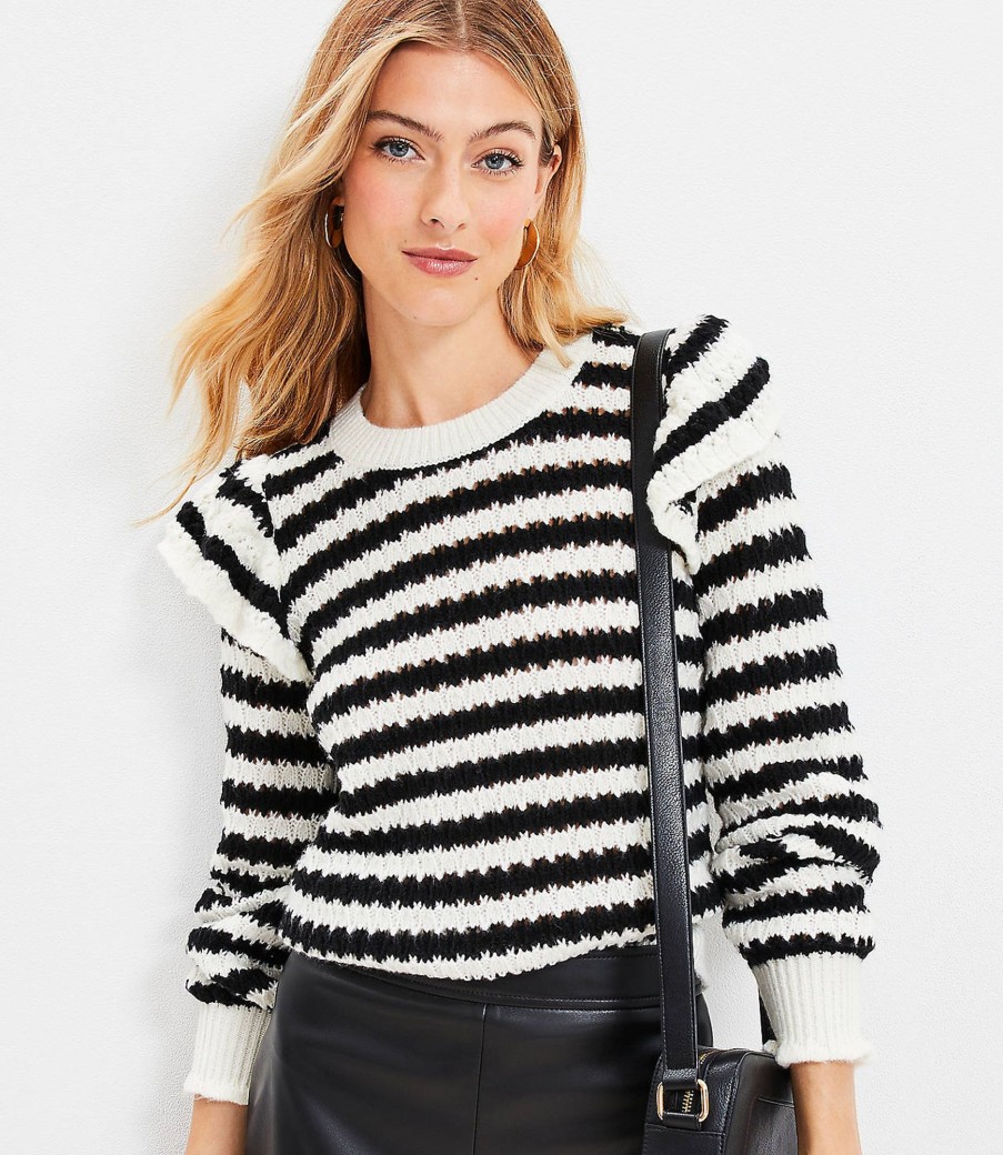 Clothing Loft | Striped Shoulder Ruffle Sweater Black