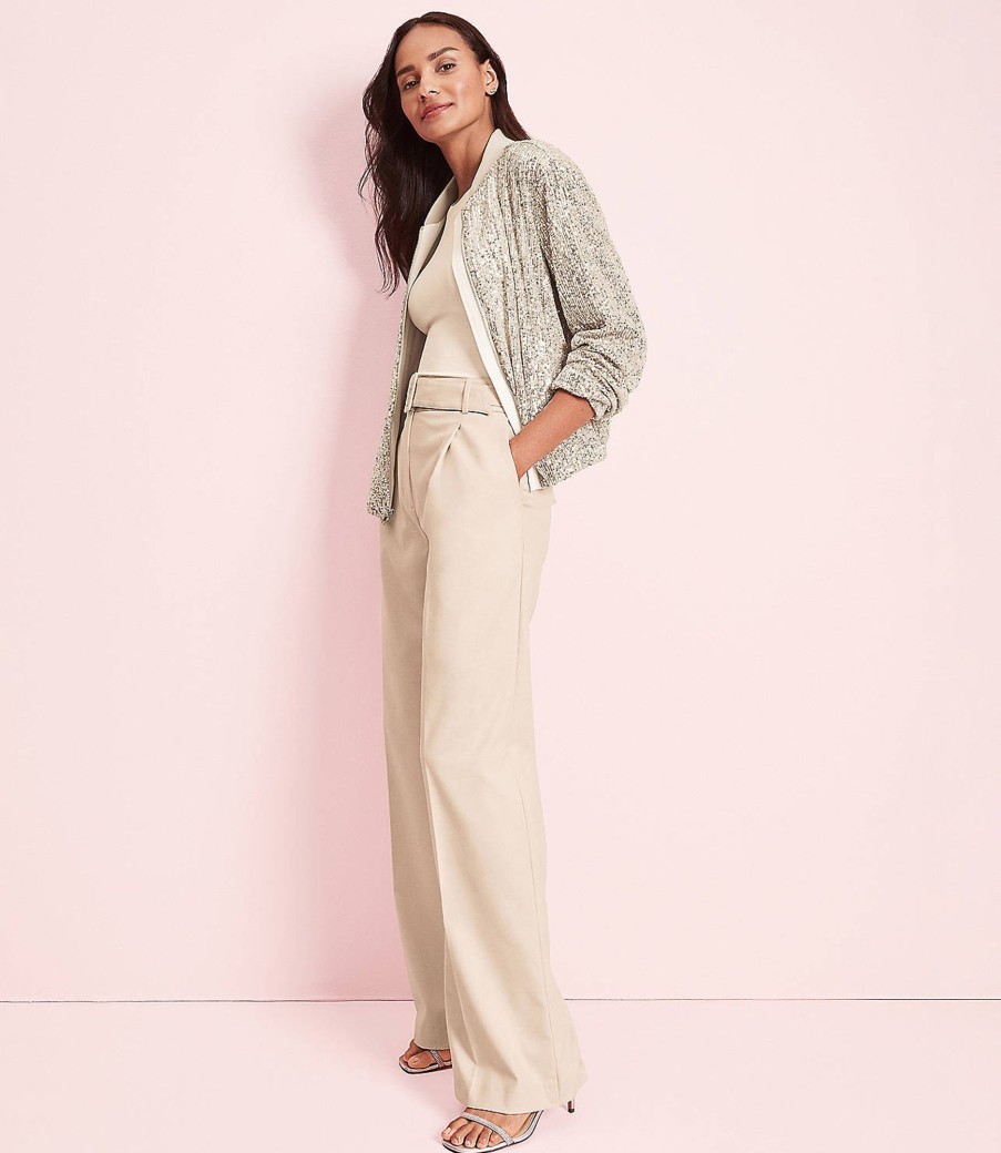 Clothing Loft | Belted Wide Leg Pants In Heathered Brushed Flannel Ivory Heather