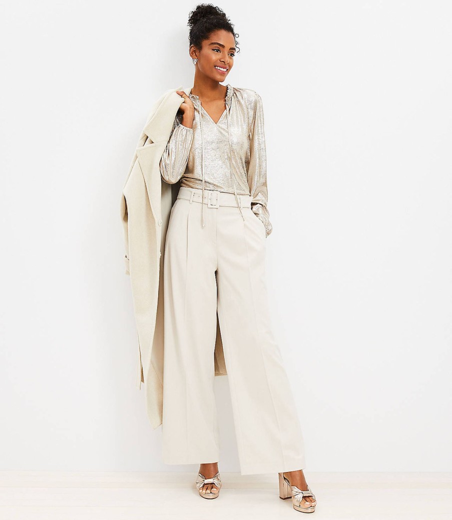 Clothing Loft | Belted Wide Leg Pants In Heathered Brushed Flannel Ivory Heather