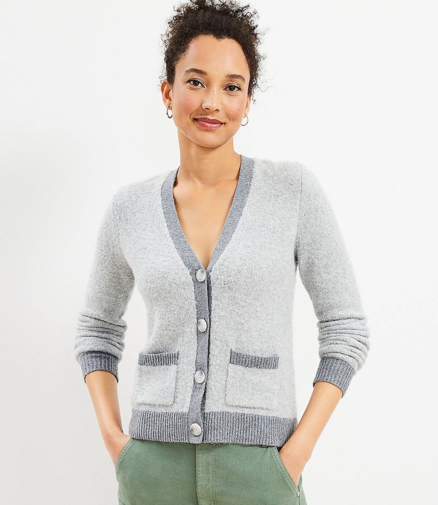 Clothing Loft | Tipped Boucle V-Neck Pocket Cardigan Pebble Grey Heather