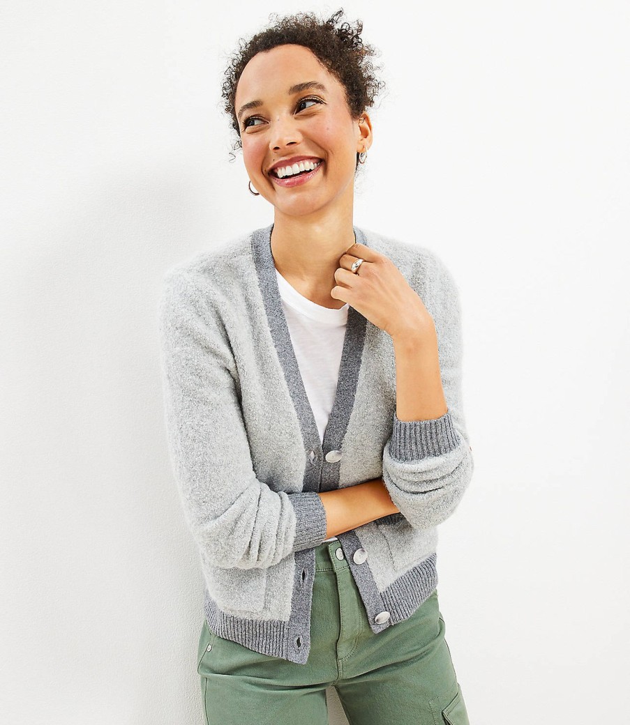 Clothing Loft | Tipped Boucle V-Neck Pocket Cardigan Pebble Grey Heather