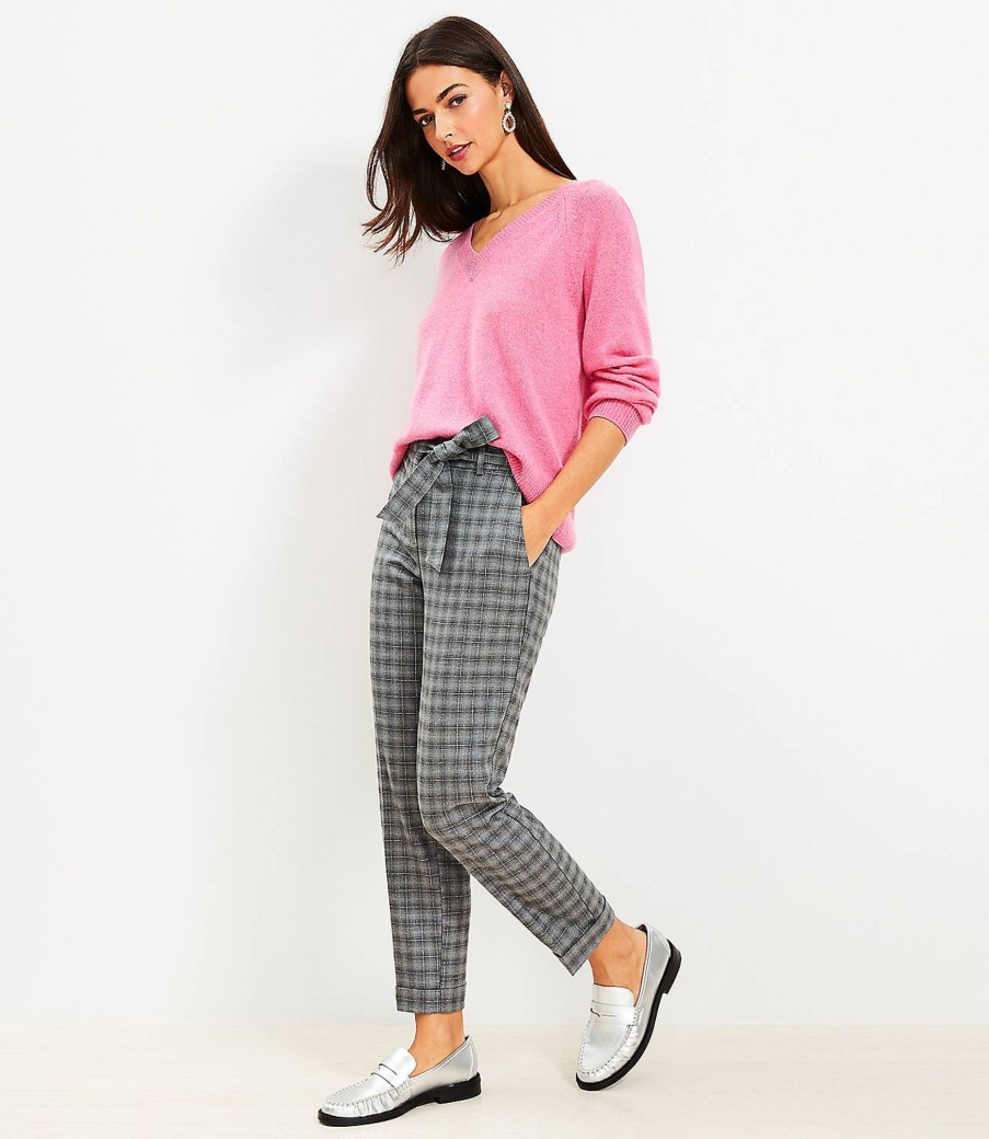 Clothing Loft | Tie Waist Devin Slim Pants In Shimmer Plaid Grey Multi