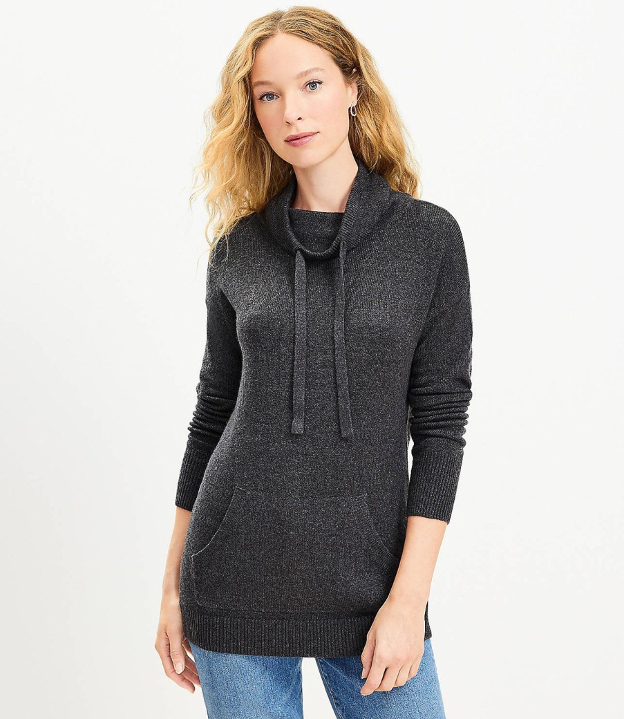 Clothing Loft | Pocket Cowl Neck Tunic Sweater Charcoal Grey Heather