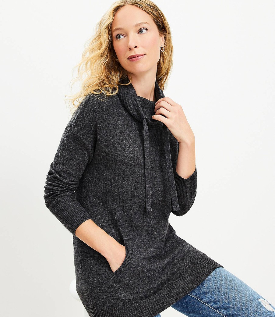 Clothing Loft | Pocket Cowl Neck Tunic Sweater Charcoal Grey Heather