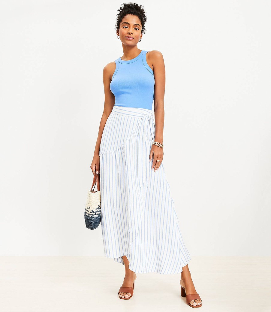 Clothing Loft | Striped Ruffle Wrap Maxi Skirt Blue White Stripe