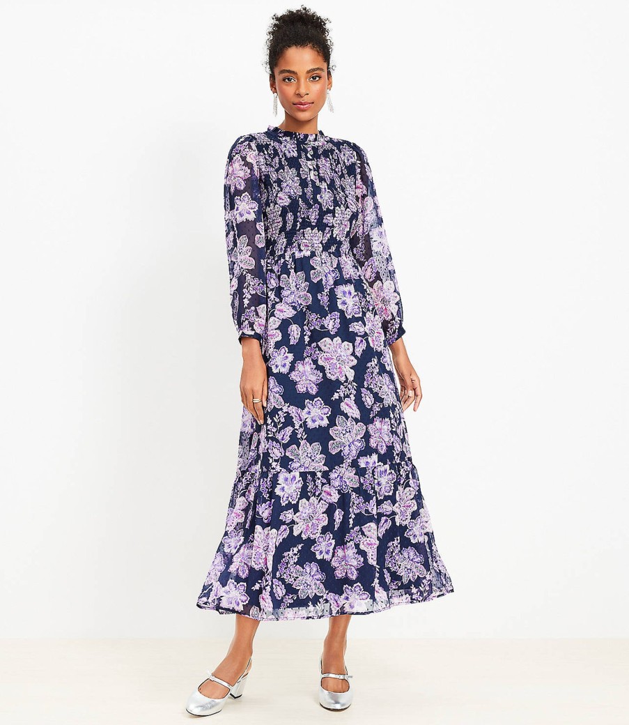 Clothing Loft | Floral Clip Smocked Tiered Maxi Dress Deep Space Blue