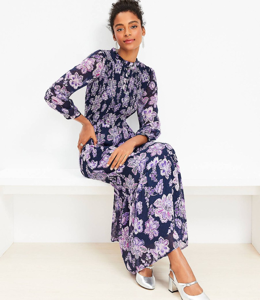 Clothing Loft | Floral Clip Smocked Tiered Maxi Dress Deep Space Blue