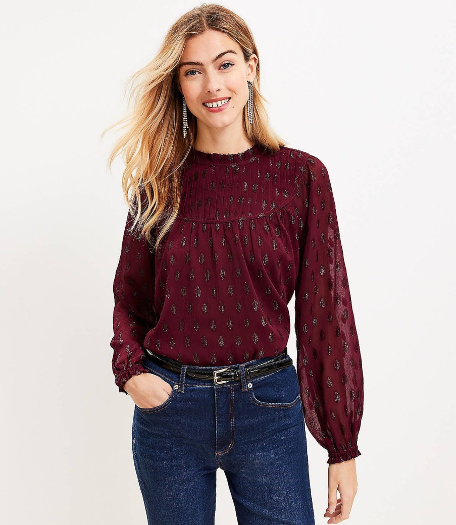 Clothing Loft | Geo Clip Pleated Yoke Blouse Rich Malbec