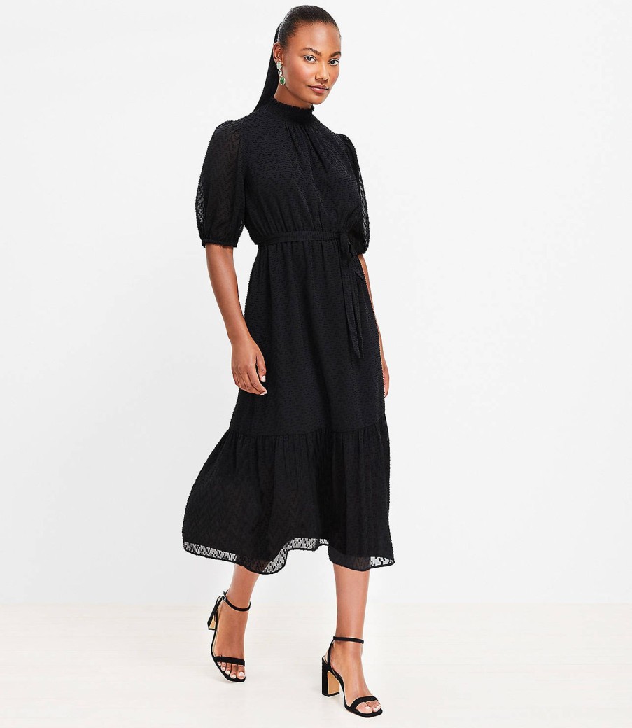 Clothing Loft | Chevron Clip Smocked Midi Dress Black