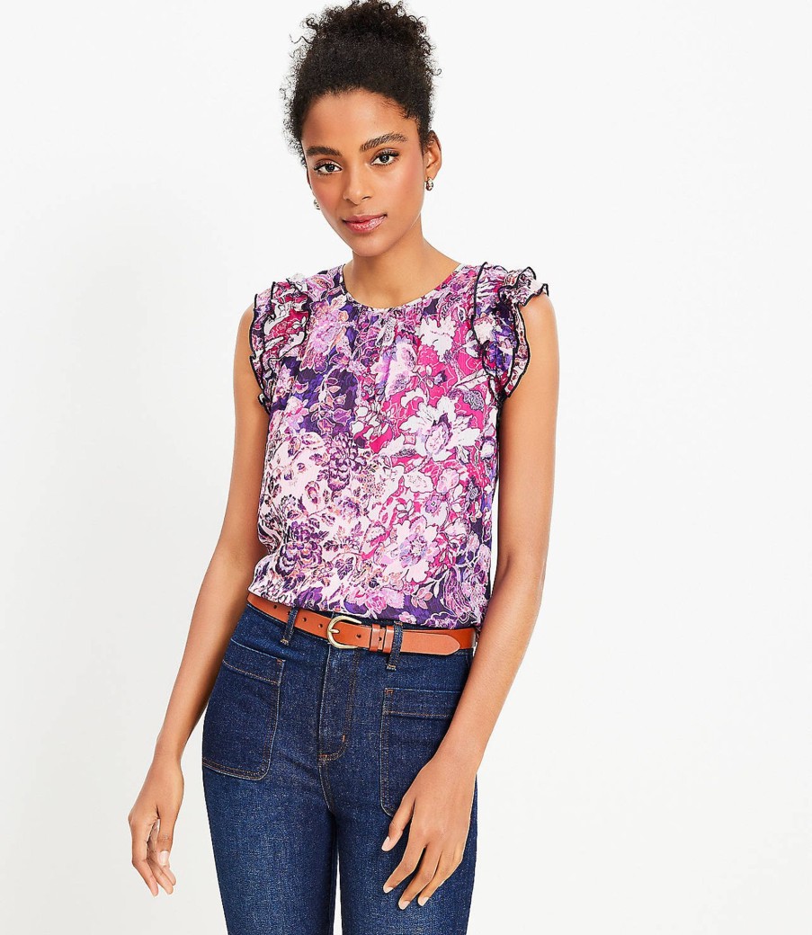 Clothing Loft | Floral Ruffle Sleeve Top Deep Space Blue