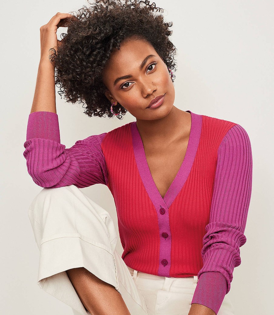 Clothing Loft | Colorblock Ribbed V-Neck Cardigan Barberry Red