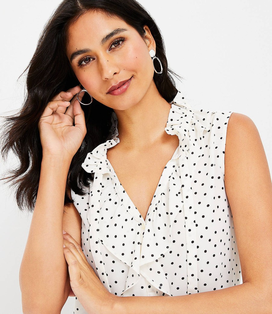 Clothing Loft | Dotted Ruffle Tie Neck Mixed Media Shell Whisper White