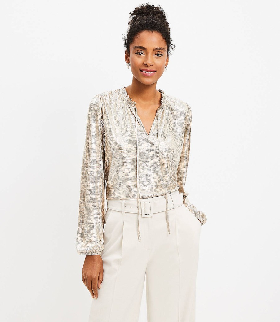 Clothing Loft | Shimmer Crinkle Ruffle Tie Neck Top Gold