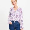 Clothing Loft | Floral Mixed Media Ruffle Cuff V-Neck Top Whisper White