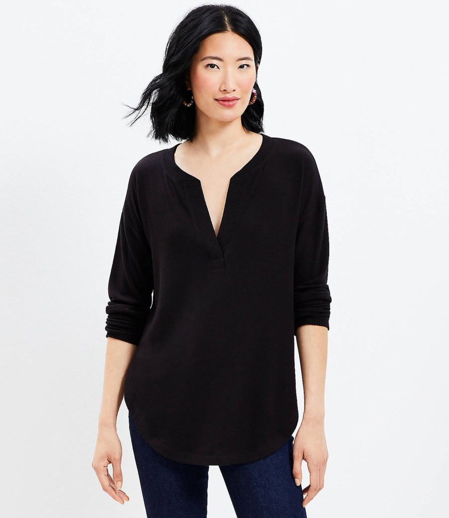 Clothing Loft | Rib Trim Cozy Split Neck Tunic Top Black